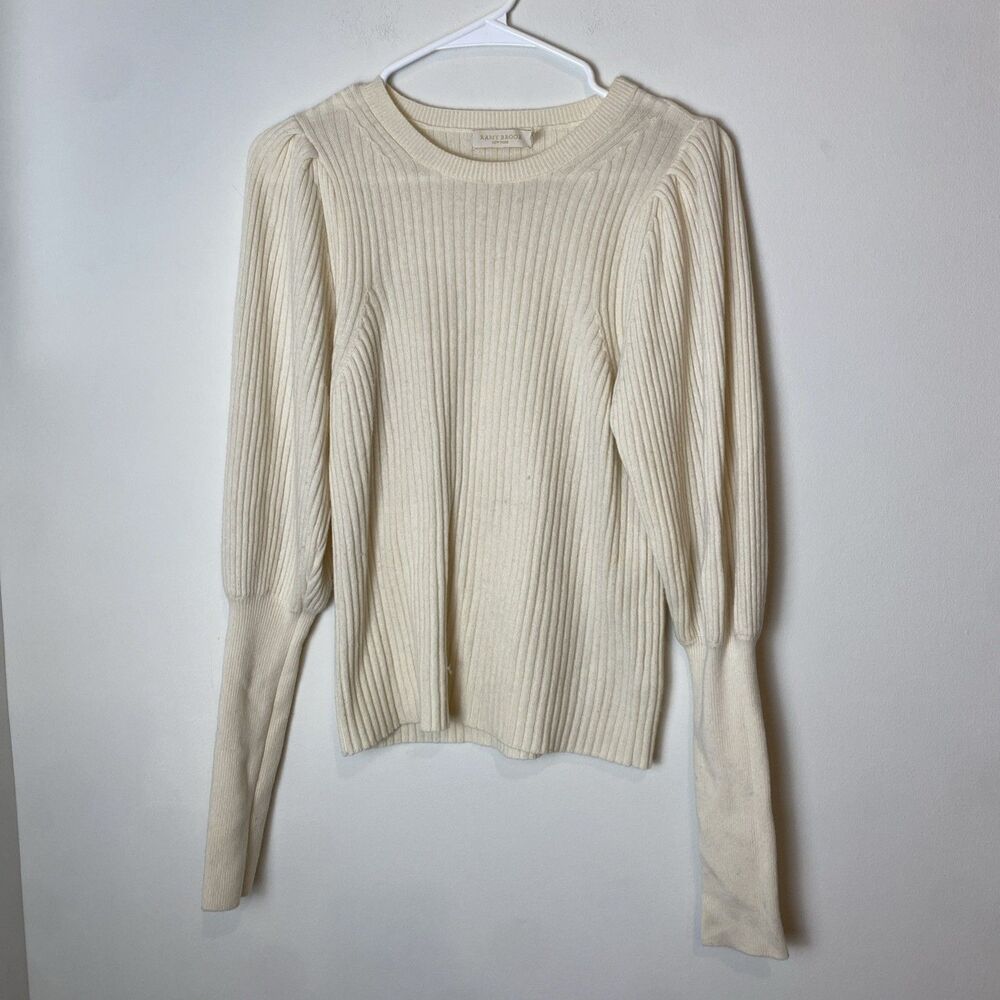 Ramy Brook Cream Wool Cashmere Ribbed Puff Sleeve Crewneck Sweater Size S